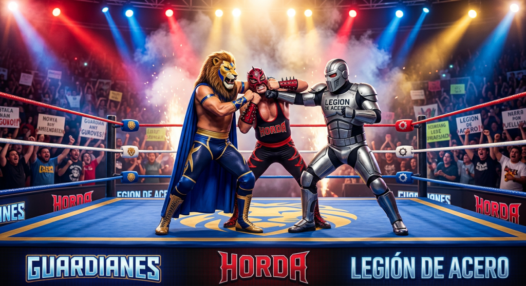 Three luchadores wrestling in a ring with crowd and colorful lights